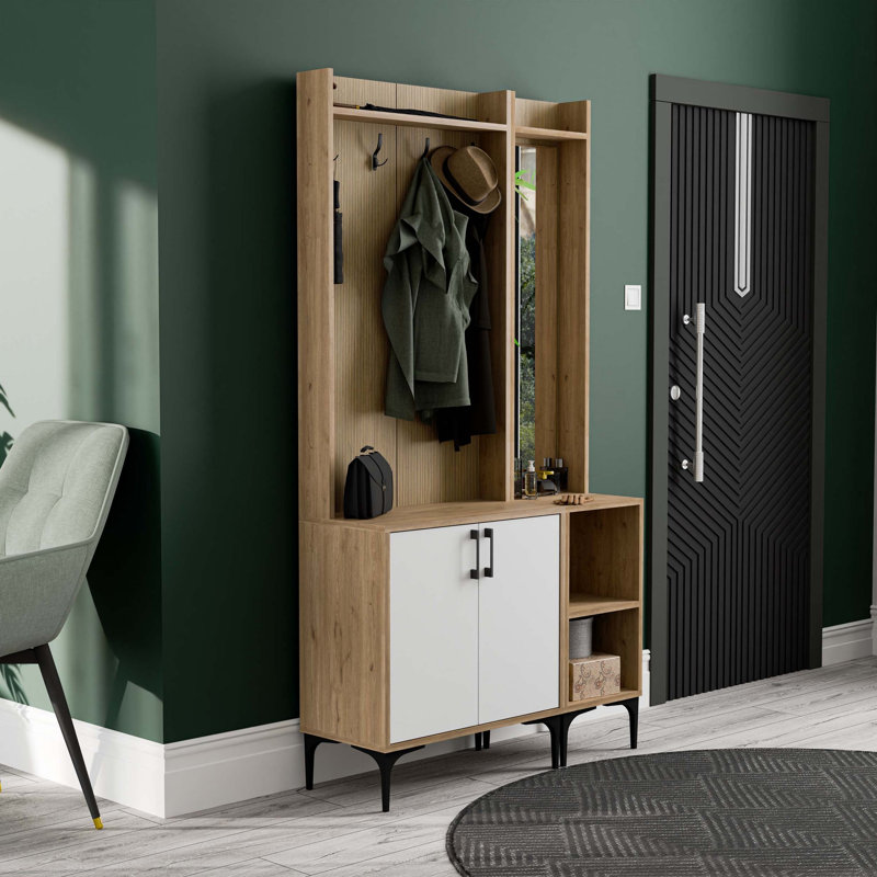 Élégant support de couloir avec support à suspendre, chêne et blanc, 27,6 po x 77,2 po x 13,8 po | Panneau de particules 100% mélaminé, conception murale, nombreuses tablettes pour un rangement supplémentaire | Parfait pour l'organisation du vestibule