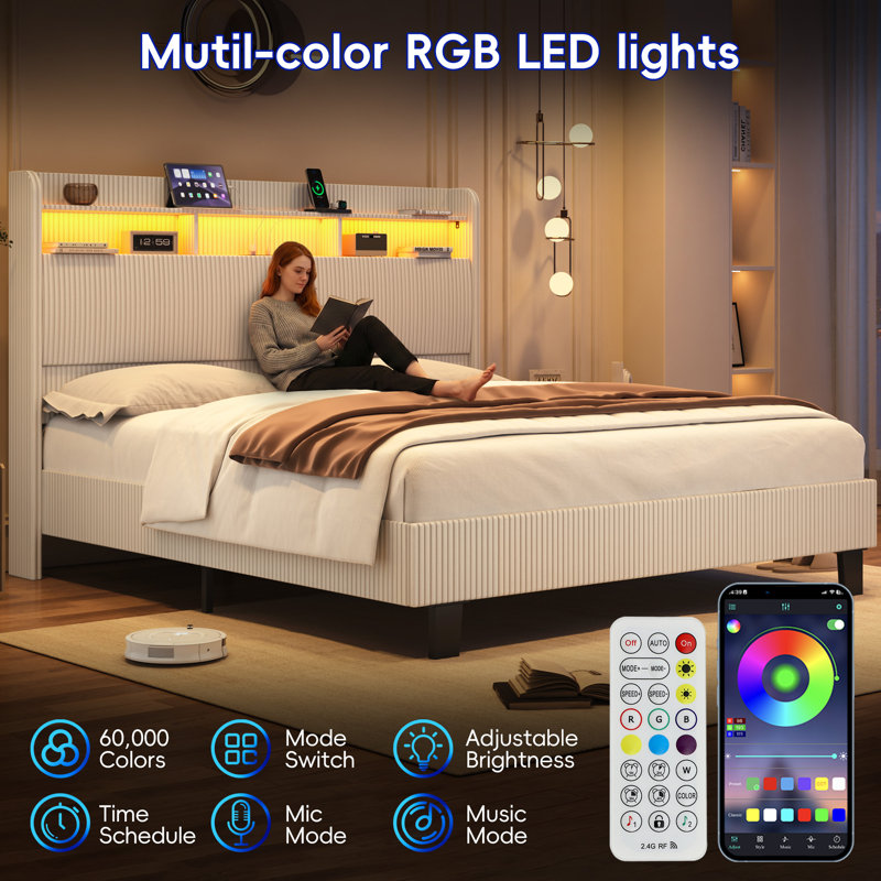 Lit plateforme tapissier avec tête de lit et station de charge, White, Queen