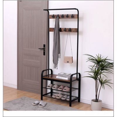 Coat Rack, Hall Tree with Shoe Bench for Entryway, Entryway Bench with Coat Rack, 4-in-1, with 9 Removable Hooks, a Hanging Rod, 13.8 x 25.2 x 72.8 Inches, Rustic Brown and