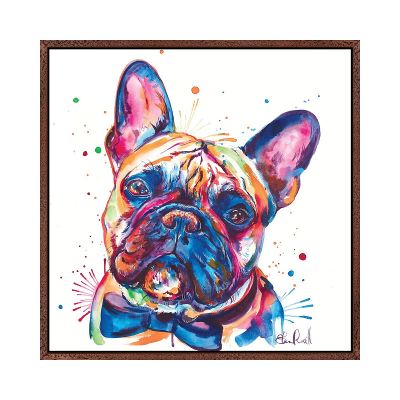 Bowtie Frenchie by Weekday Best - Painting on Canvas, 93.98 cm H x 93.98 cm W, Classic Brown Wood Framed