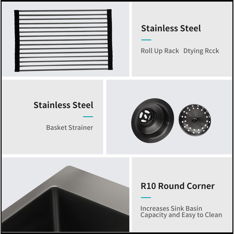 28X22 Inch Drop In Kitchen Sink Gunmetal Black Topmount 16 Gauge Deep Single Bowl Stainless Steel Sink Basin
