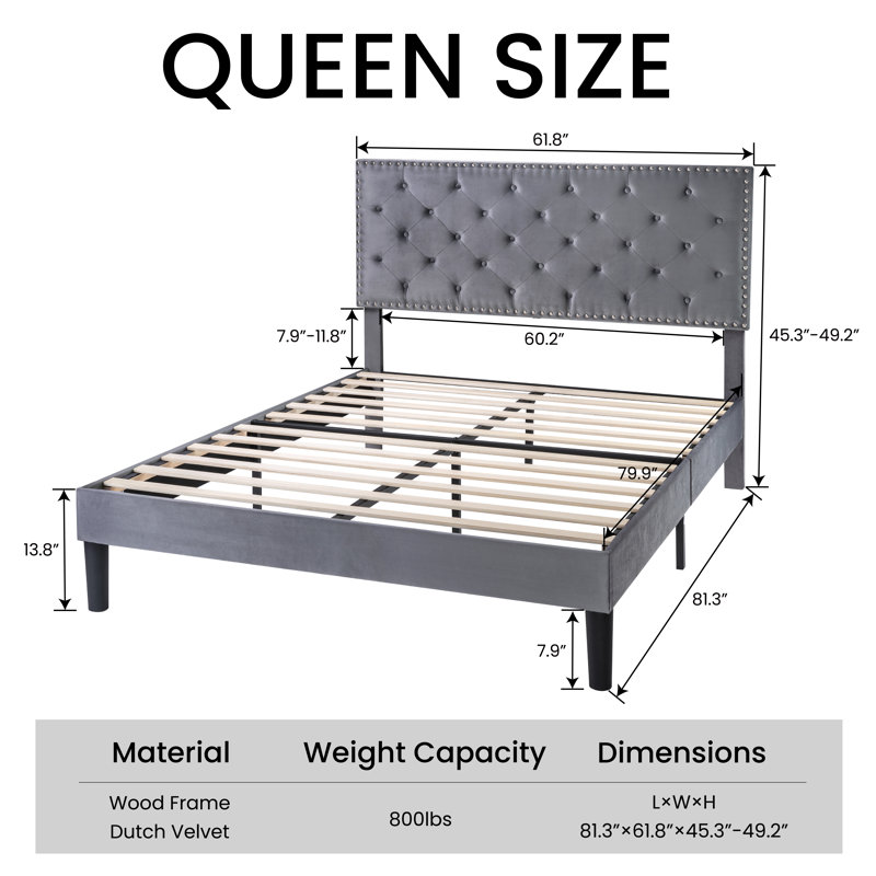 Aleiny Velvet Bed with Adjustable Upholstered Headboard, Queen, Gray