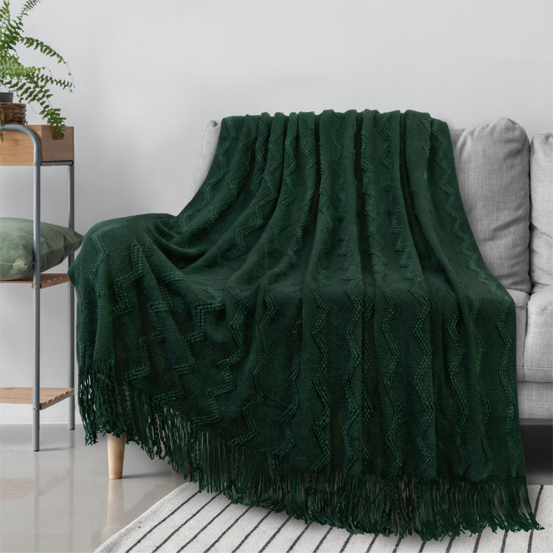 Emerald Green Twin Knitted Fleece Throw Blanket with Fringe