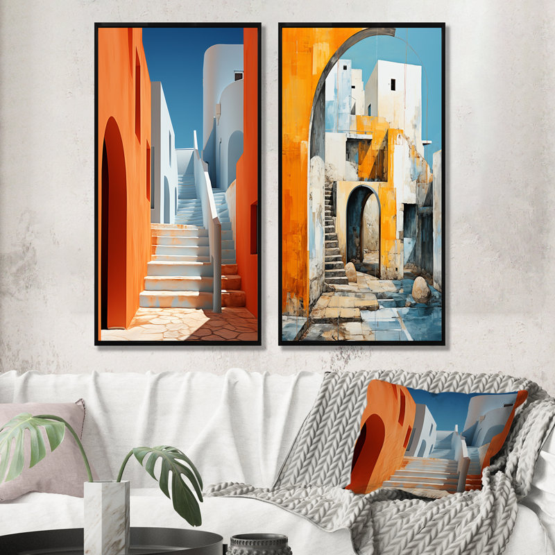 Escalier bleu azur - Ensemble de 2 reproductions de toiles abstraites, Cadre noir, H 40 po x l 41 po