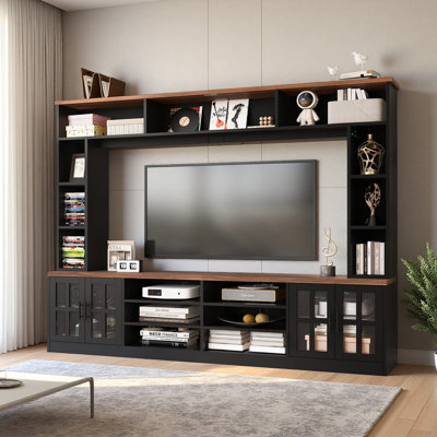 Meuble audio-vidéo l 95,5 po avec tablettes pour téléviseurs de 80 po ou moins, meuble télé avec armoires, portes en verre trempé et tablettes réglables