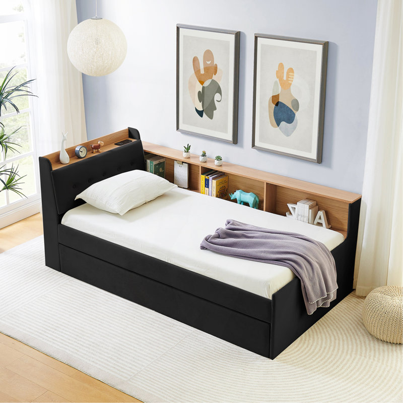 Twin Size Upholstery Velvet Height Adjustable Day Bed With Storage Headboard And Wireless Charging, Multi-Functional Daybed With Trundle Bed & LED Lights, Black