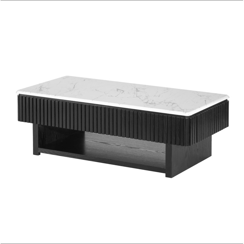 Table basse à plateau relevable rectangulaire de 46,5 po avec tiroir et rangement caché, table cannelée moderne avec plateau en marbre et bandes de bois massif, table centrale multifonctionnelle pour les petits espaces, salon