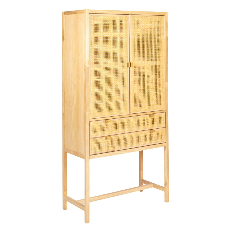 Woven Cane and Wood Cabinet with Doors and Drawers