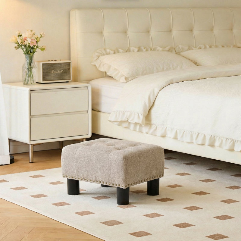 Upholstered Foot Stool Ottoman, Tufted Button Footstool Footrest With Padded Seat For Living Room Bedroom, Tan