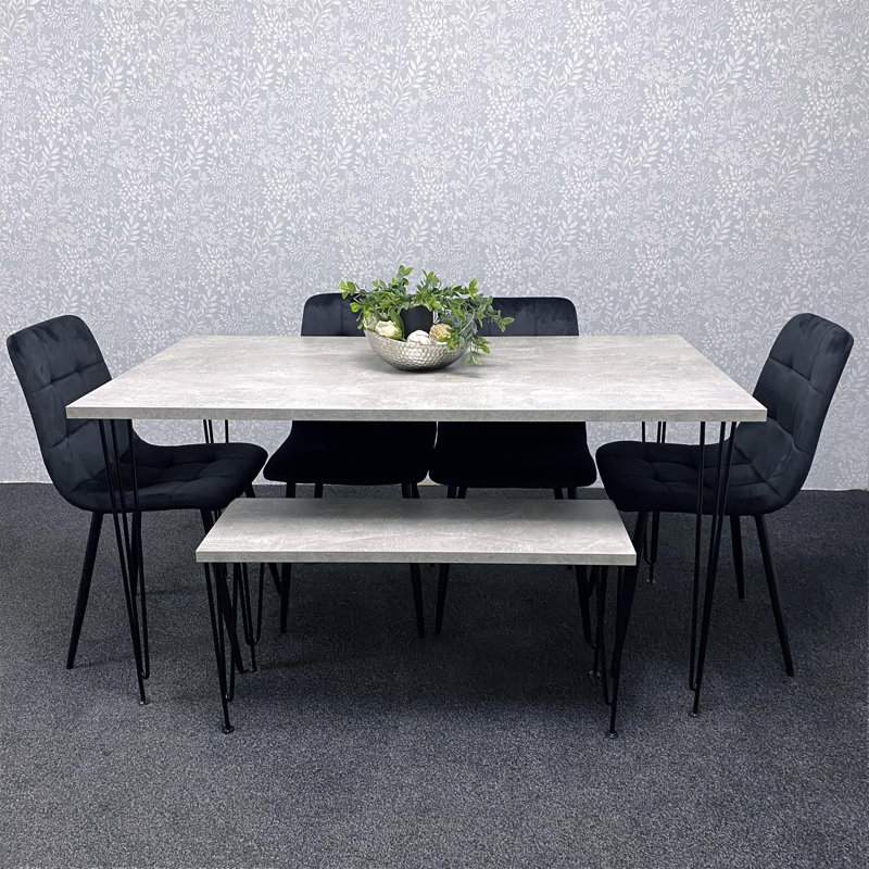 Dining Table with Hairpin Legs, Bench & 4 Velvet Chairs Set, Black , 75cmH x 117cmL x 77cmW