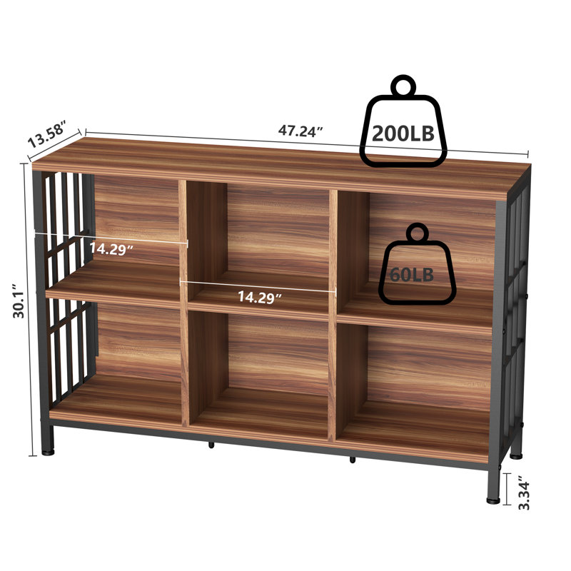 Rustic 6 Cube Storage Organizer with Shelf, Industrial Horizontal Bookshelf ,  Low Cubby Bookcase with  Shelves, Short Wide Book Case for Living Room ,Office,Apartment,