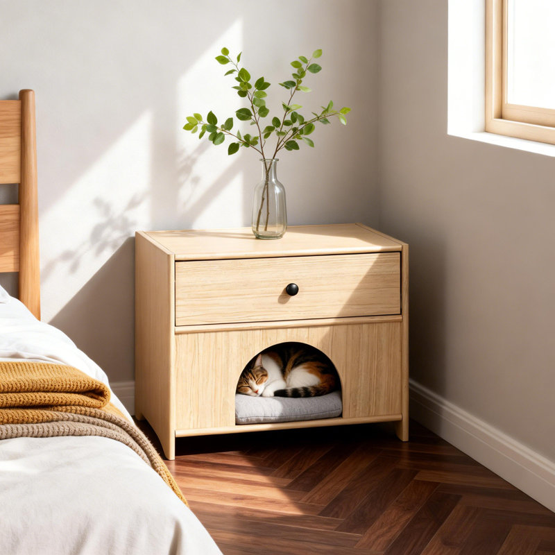 22" Multifunctional Nightstand with Built-In Cat Bed & Storage Drawer – Pet-Friendly Space-Saving Bedroom Furniture for Small Homes