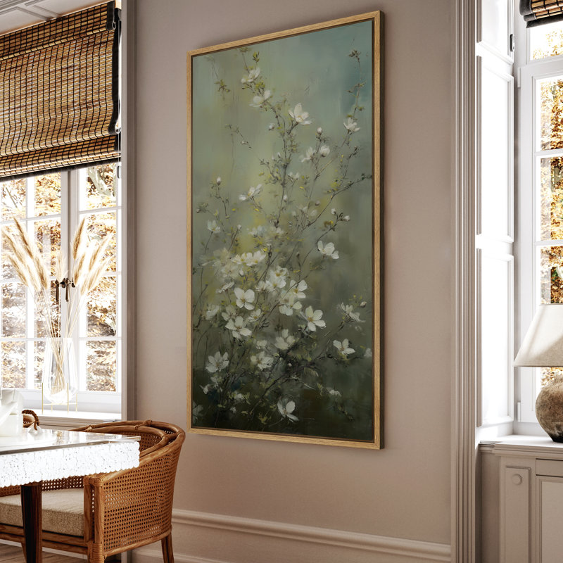 Branches florales blanches sur fond vert brumeux - reproduction d'art sur toile encadrée, H 60 po x l 30 po x P 1,5 po