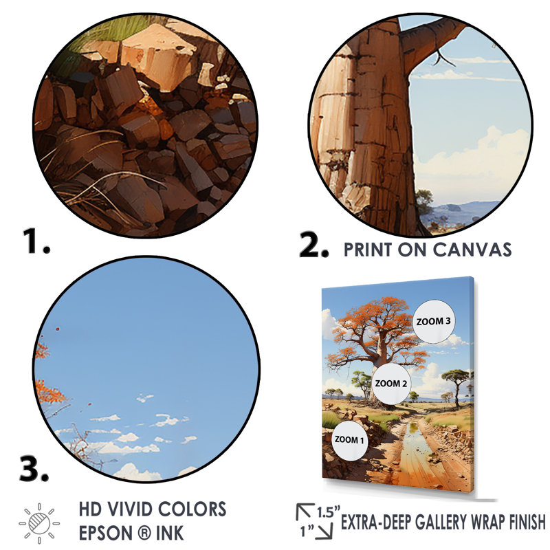 Art africain sur toile, "Baobab africain", Cadre simple argenté, H 44 po x l 34 po