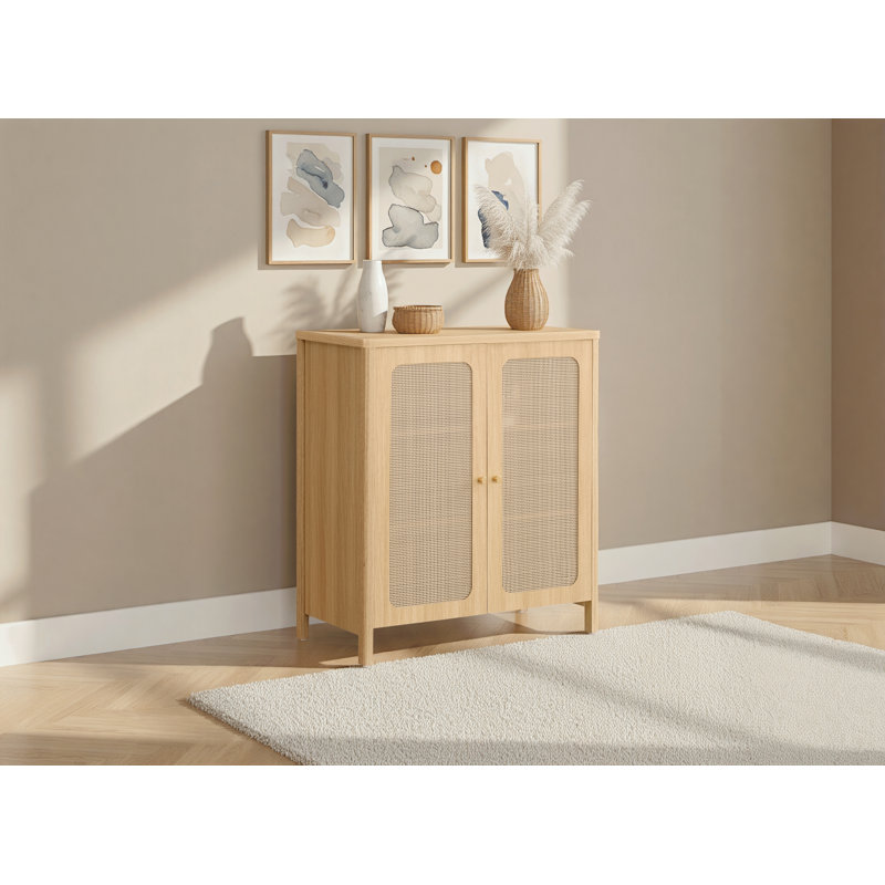 Buffet 32 po moderne avec portes en rotin et tablettes réglables, Chêne
