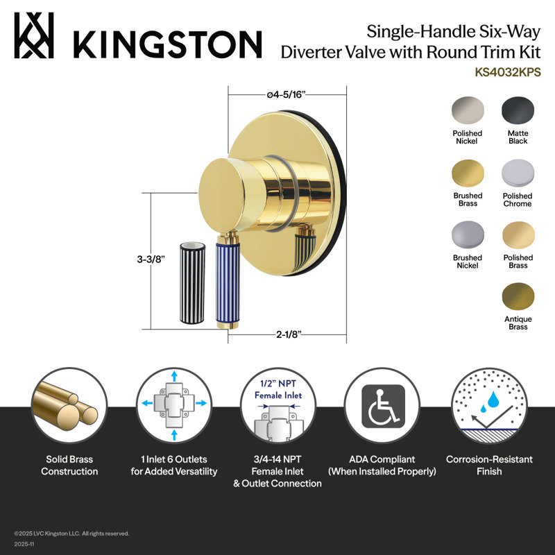 Kingston Brass Verona Single-Handle Six-Way Diverter Valve With Round Trim Kit, Brushed Brass