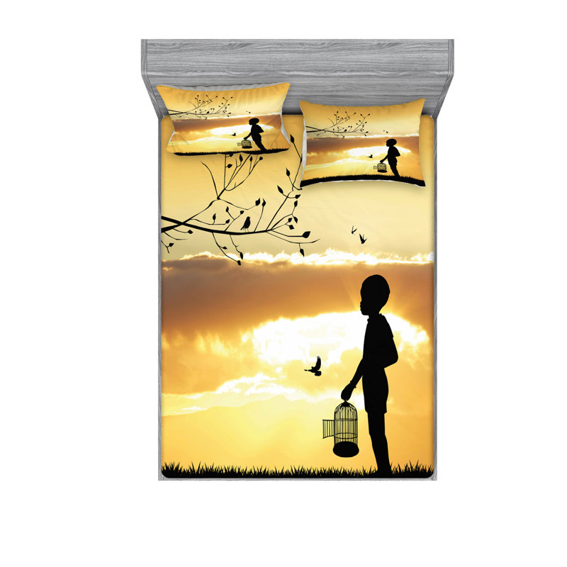 Ensemble de draps Little Child a Bird Cage at Sunset in Forest, Ensemble de draps pour lit double avec un drap-hou