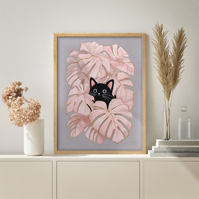 Affiche lumineuse encadrée de Monstera rose vif avec des impressions de chat mignon