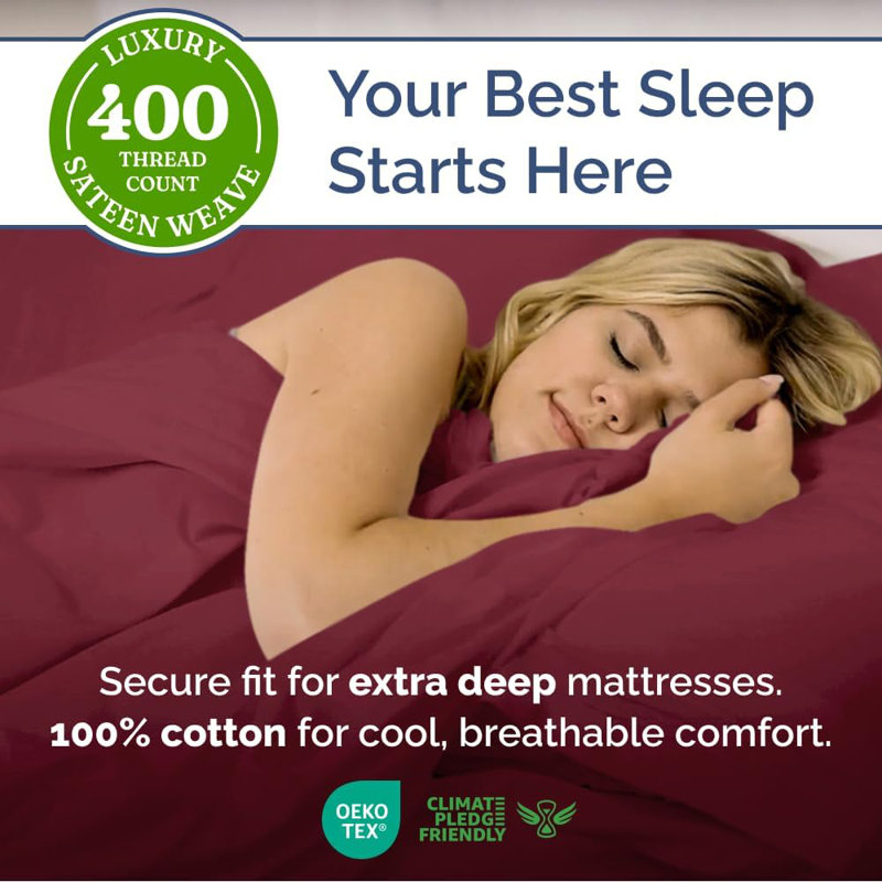 4 Piece 400 Thread Count Cotton Sheet Set – Extra Deep Pocket, Cooling, Breathable & Soft Bedding, Burgundy
