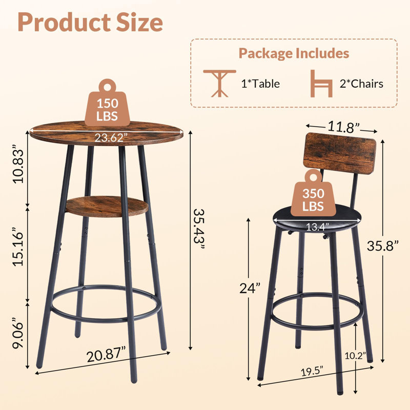 3 Pieces Round Bar Table With 2 Upholstered Stools Set, For Kitchen, Dining Room & Bistro, Grey, Black;Brown