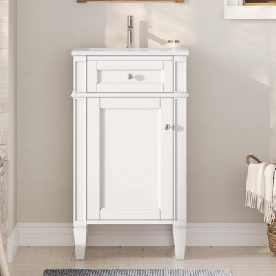 Meuble-lavabo de salle de bain avec lavabo en céramique, ensemble de meuble-lavabo simple autoportant avec porte à fermeture douce, tablette réglable, style français, pieds pleins (robinet non inclus)