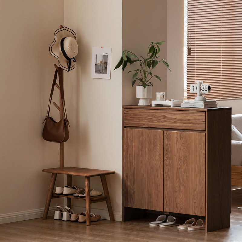 Natural Solid Wood Shoe Stool With Cloth Hanger, Walnut