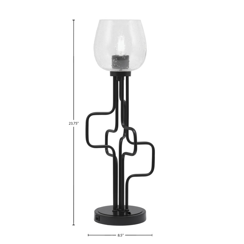Lampe d'appoint Amarmula, avec ports USB, fini noir mat, verre transparent de 6 po, Noir, Clair