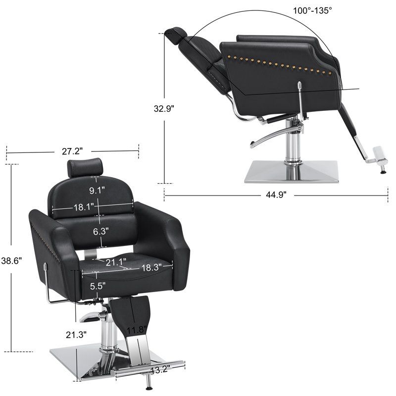 Nasri Hendren 27" W Reclining Barber Chair, Swivel Solon Chair, Faux Leather, Black