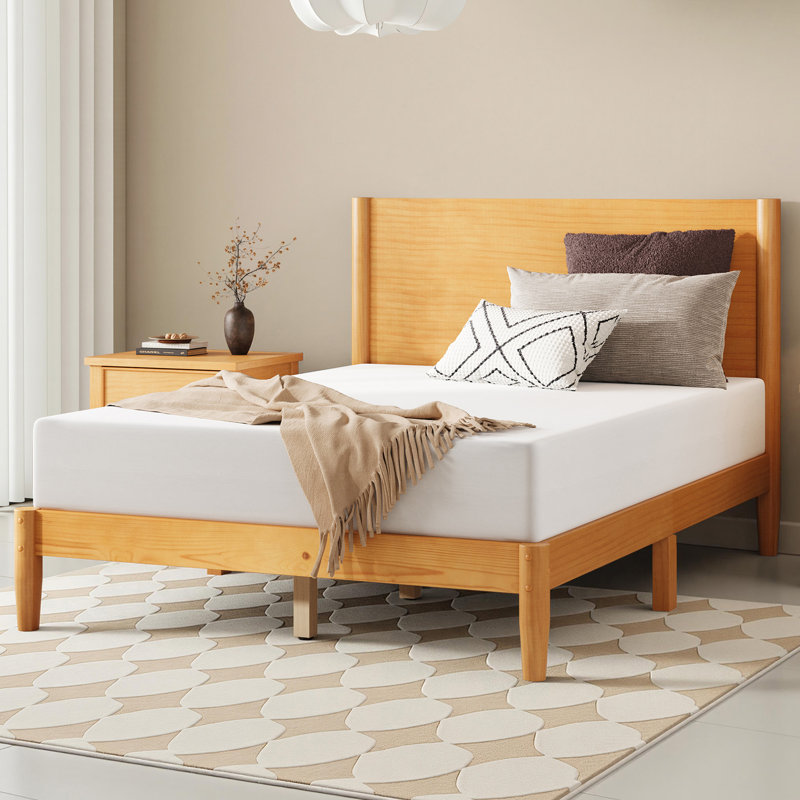 Base de lit en bois massif Bilal Mid Century, Naturel, Double