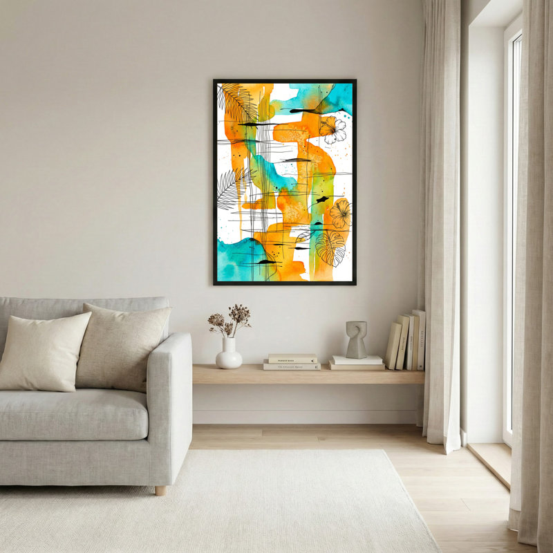 Abstrait feuilles tropicales et fleurs tendues sur toile, ensemble de 1 reproduction d'art sur toile, H 18 po x l 12 po