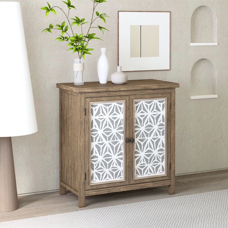 American Traditional Pine Storage Cabinet In Brown Antique White, 31.37" Tall, With Linen Panels, For Entryway Vintage Charm Solid Wood Accent Chest, 16.12" Deep, Metal & Doors, Elegant Geometric