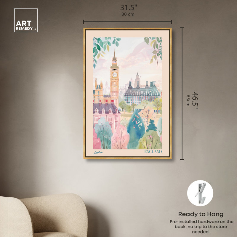 «Soft Spring London», toile de voyage par Art Remedy, Cadre doré, H 46 po x l 31 po