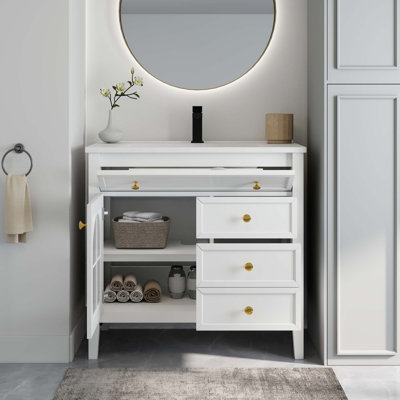 Lavabo de salle de bain 35,6 po Mid-Century avec verre à motif et bande de capteur de mouvement, meuble-lavabo sur pied Farmhouse avec rangement, meuble-lavabo haut de gamme pour salle de bain