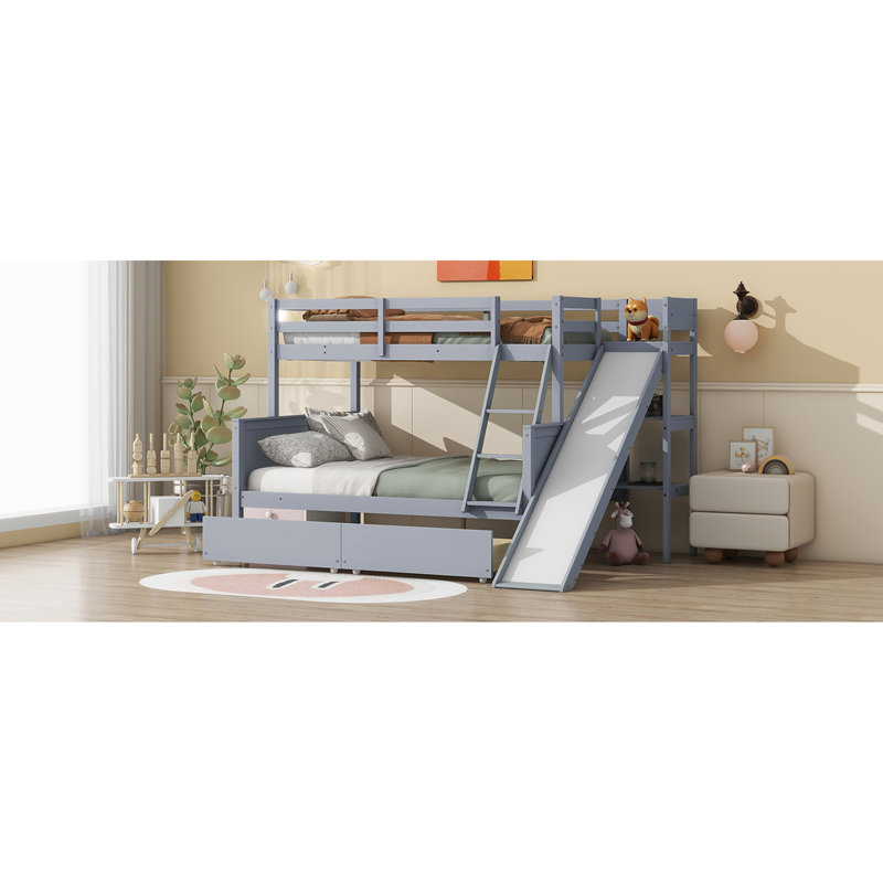 Lit superposé simple au-dessus de double avec 2 tiroirs - Glissière en bois d'hévéa gris, tablettes et tiroirs