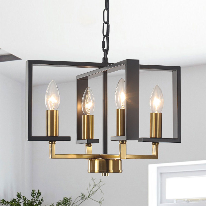Lustre géométrique moderne noir et or à 4 lumières, luminaire/lustre à intensité variable de style campagnard pour îlot de cuisine, salle à manger et entrée.