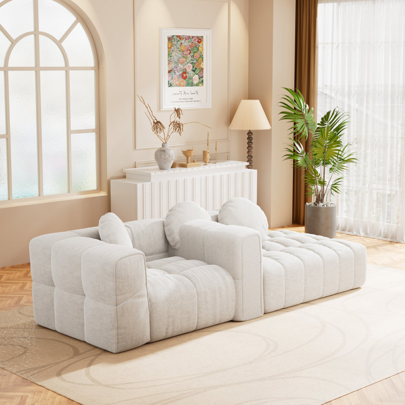 Fully Compressed Modular L-Shaped Sofa Set With Reversible Chaise & Tufted Back, Beige