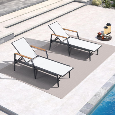 Purple Leaf Outdoor PVC-coated polyester Fabric Chaise Lounge Chair Set Of 2  Aluminum Chairs With Wooden Armrest