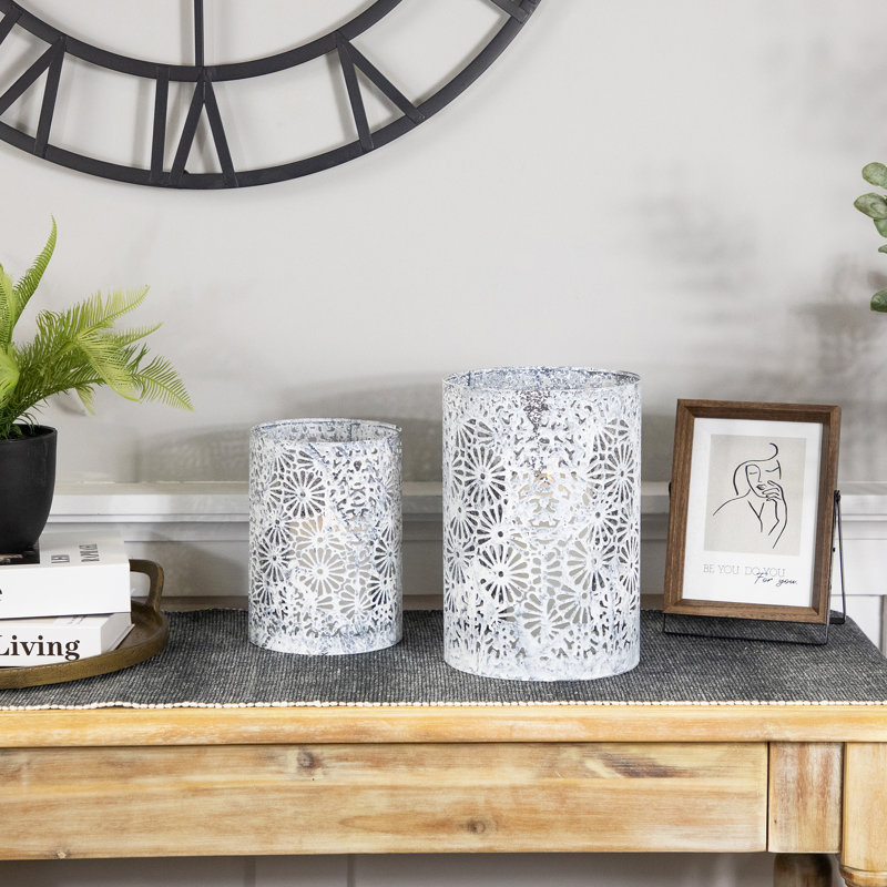 Laser-Cut Floral Iron Pillar Candle Holders - 10" - Gray And White - Set Of 2