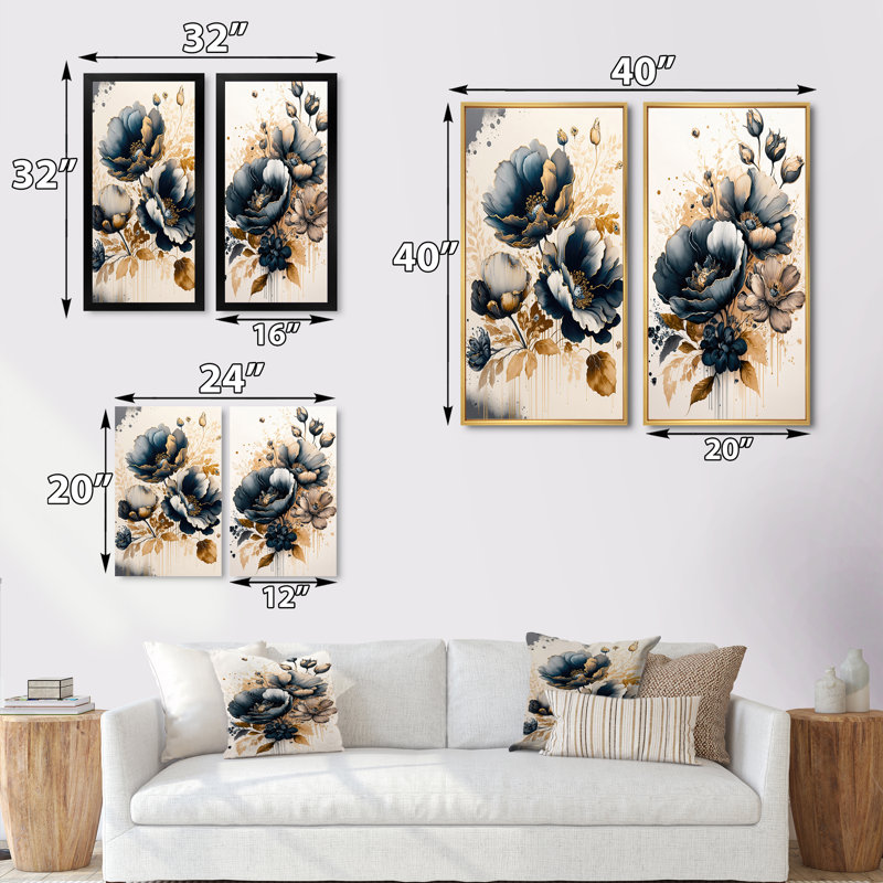 «Fleurs de pavot bleu marine et or II», 2 pièces sur toile, Toile tendue, H 20 po x l 24 po