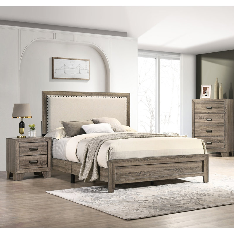 Lit contemporain très grand avec tête de lit tapissier grise et structure en bois à garniture cloutée en bois massif, Gris