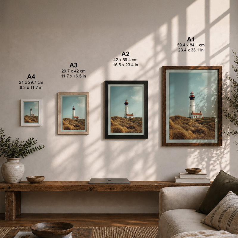 Lighthouse on the Dune Coastal - Framed Print, A3 - 42.0 x 29.7 cm, Oak