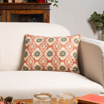 Mandala Motif Linen Print Cushion in Rust