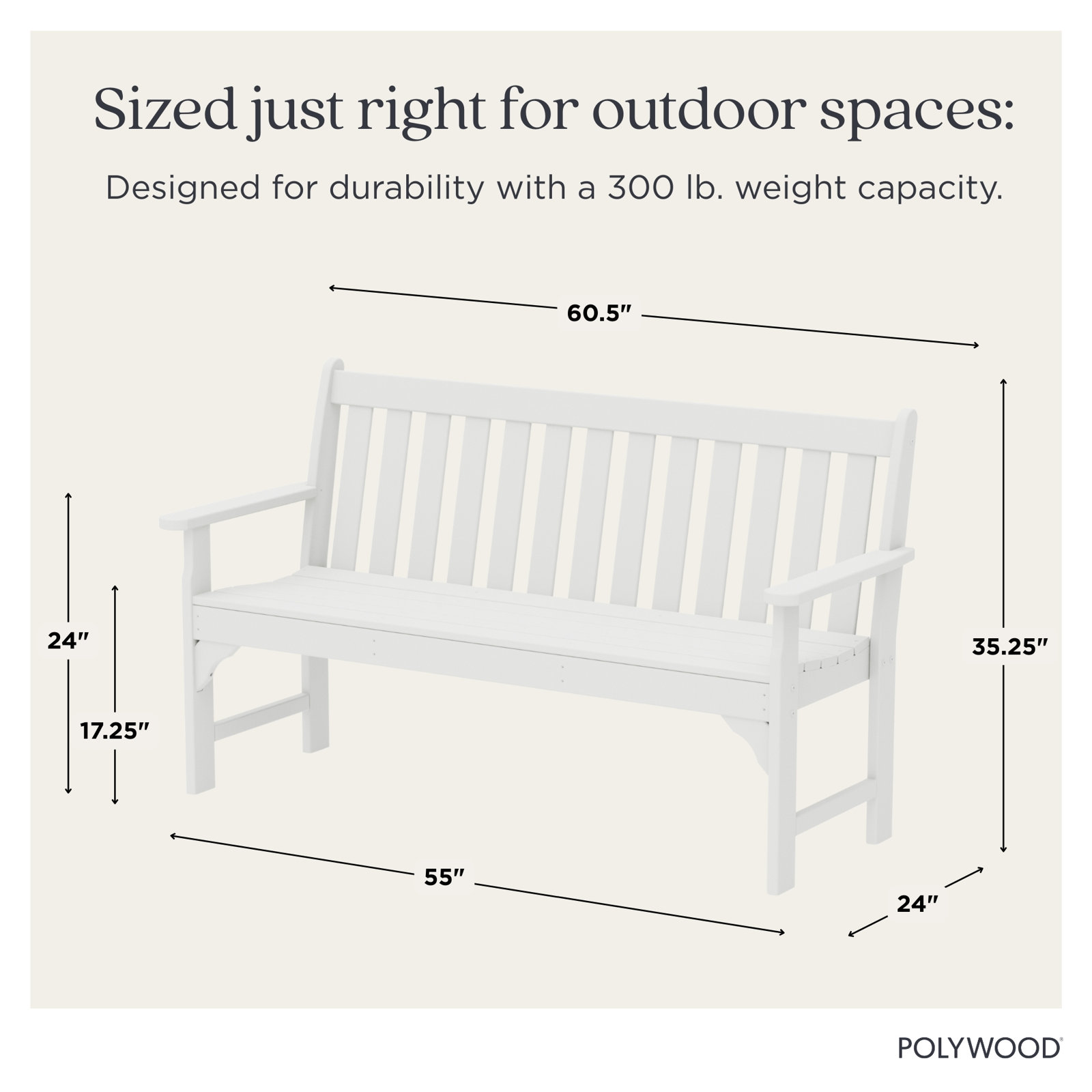 POLYWOOD Vineyard Patio Bench, 35.25" H x 60" W x 24" D, White