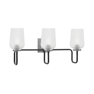 Barre d'éclairage de salle de bain 3 lumières Amarmula, noir mat et finition graphite, verre texturé transparent de 5 po