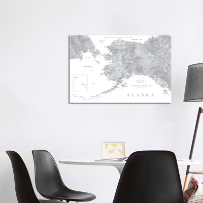 Gray Watercolor Detailed Map Of Alaska by Blursbyai - Wrapped Canvas Gallery-Wrapped Canvas Giclée