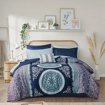 Ensemble d'édredon pour lit simple - motif médaillon bleu marine, draps en microfibre douce, bordures brodées, literie complète, taies décoratives, tissu, lavable à la machine
