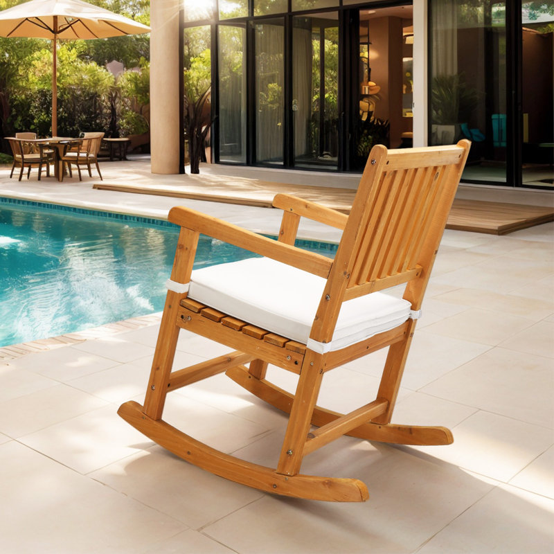 Solid Fir Wood Rocking Chair With Square Back And Cushioned Seat, White Cushion/Brown Wood Panel