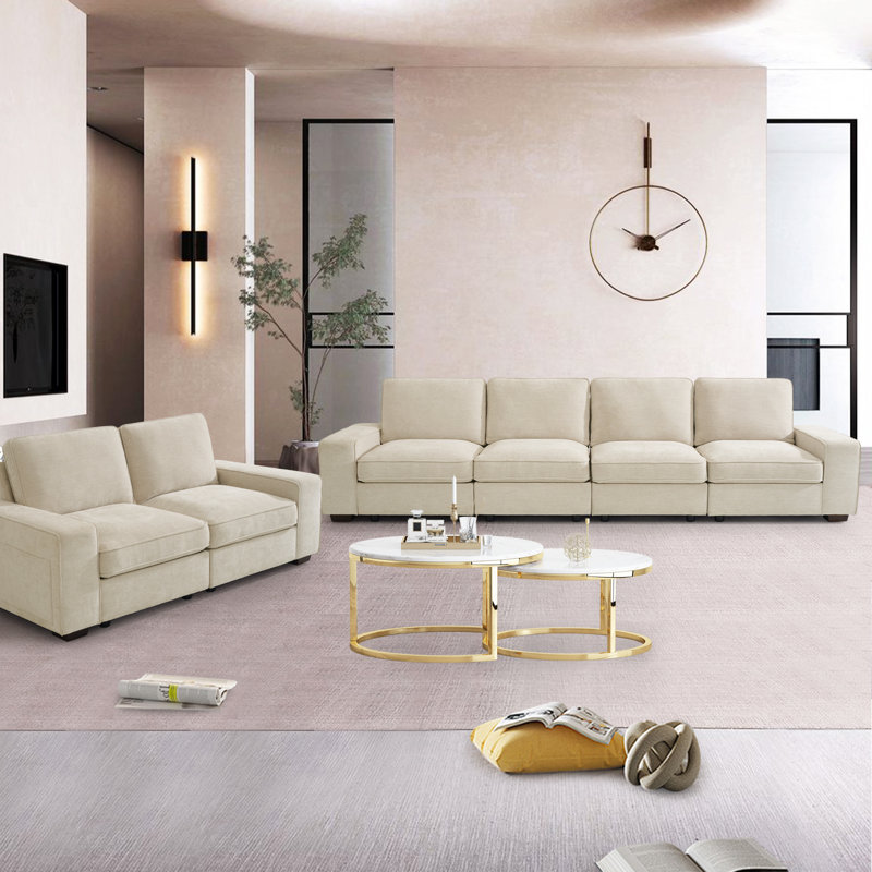 Modern Modular Chenille Sectional Sofa Set with Storage and USB Charging Port for Living Room and Apartment, 6, Beige