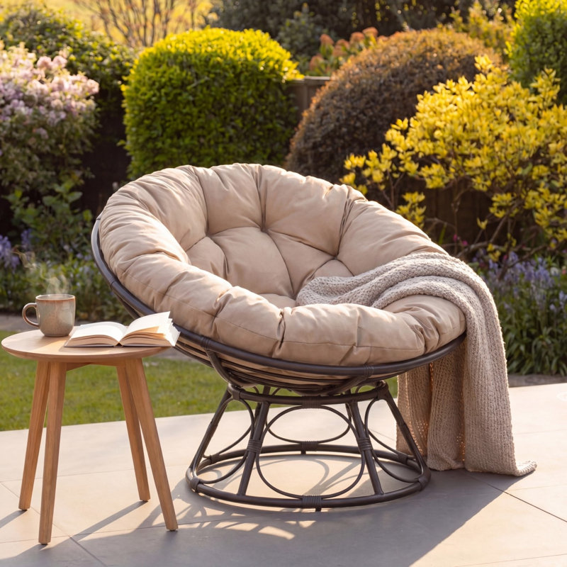 Upholstered Swivel Papasan Chair, Khaki Polyester, Grey