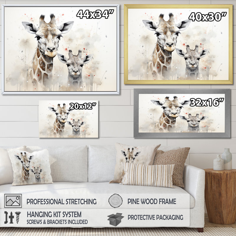 Famille de girafe beige ludique, Cadre simple blanc, H 30 po x l 40 po x P 1,5 po
